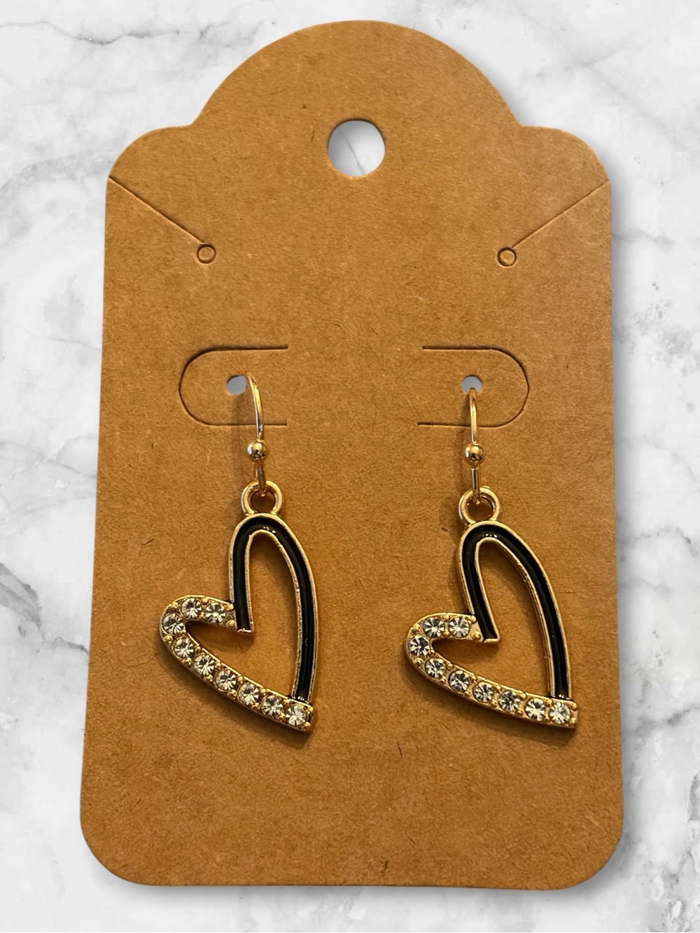 Gold and Black Heart Drop Earrings with Crystal Accents